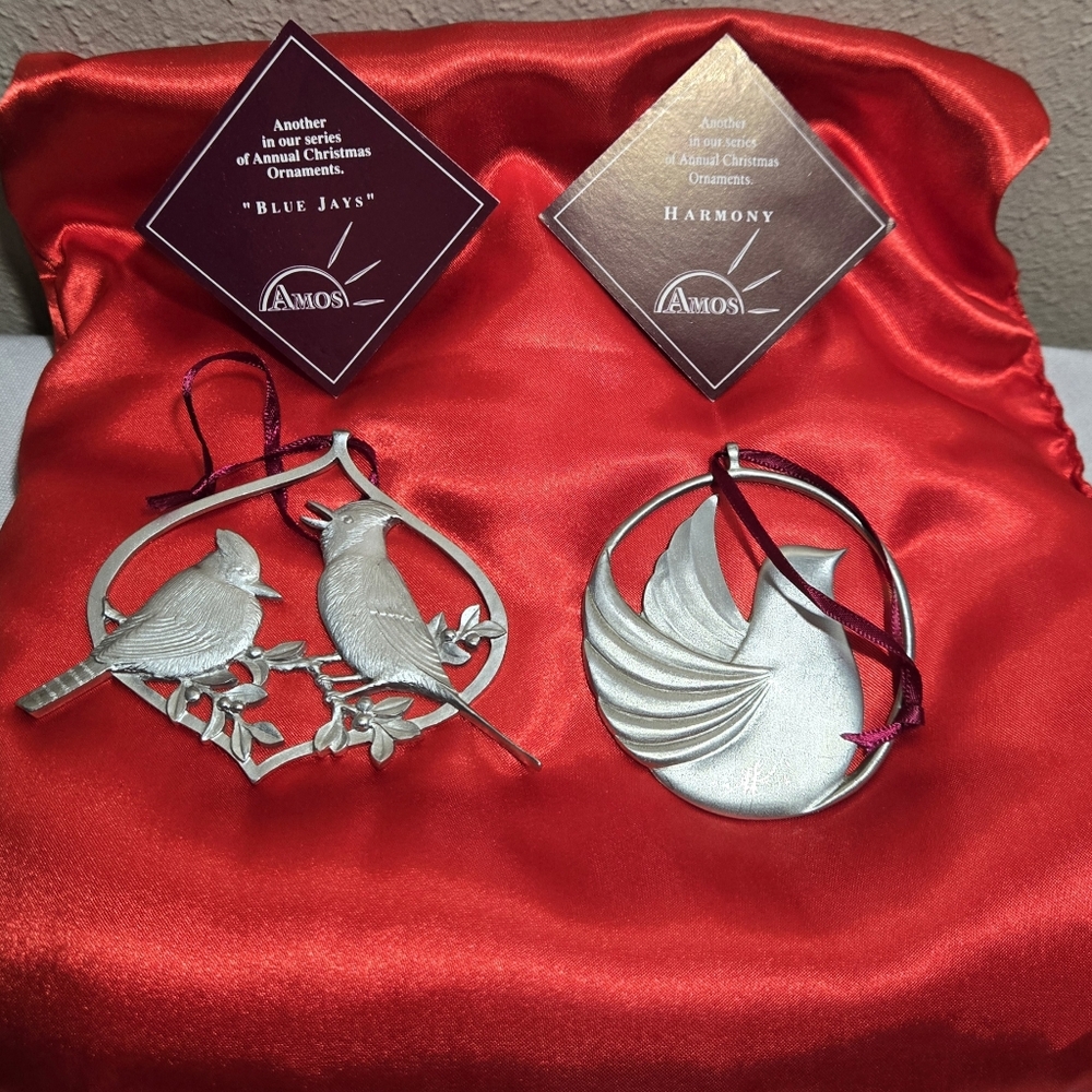 Amos Pewter Christmas Ornaments Set 1987 Harmony And 1993 Blue Jays